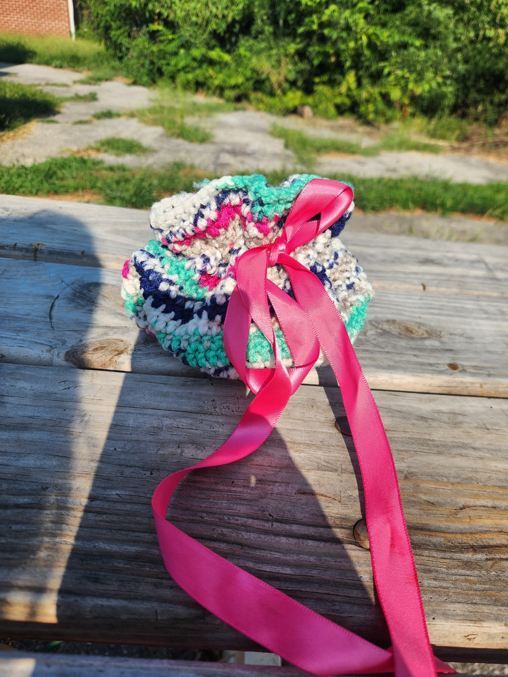 Hand-Crocheted Kids Drawstring Pouch with Pink Ribbon